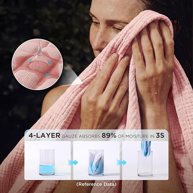 Bedsure 100% Cotton Muslin Blankets for Adults Large Throw 50x70 Inches - 4-Layer Breathable and Lightweight, Soft Boho Gauze Muslin Cotton Blanket for Couch Decor Travel Summer, Pink