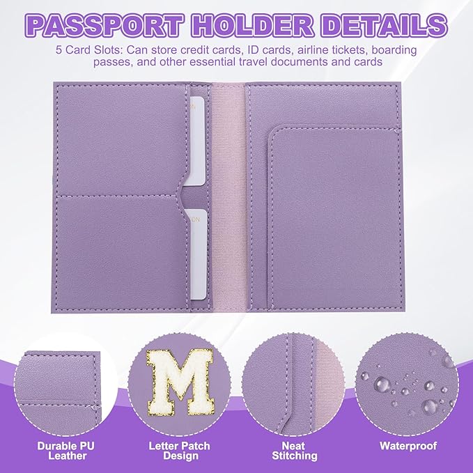 PATIKIL Passport Holder for Travel, Initial Passport Cover and Luggage Tag Set with Alphabet Chenille Letter Patch Travel Wallet Bag Suitcase Identifier for Women Family Travel Purple M