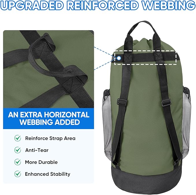 BALEINE 2PK 120L Laundry Bag Backpack, 900D Oxford Fabric Large Travel Laundry Bags with Shoulder Straps and 2 Mesh Pockets for College Dorm, Apartment, Laundromat (Green, 120L)