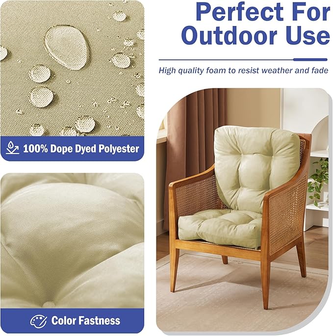 Outdoor Chair Cushions Set of 2, Patio Chair Cushions with Ties, 17x17+4” Tufted Outdoor Seat Cushions, Waterproof Patio Furniture Cushions, Outdoor Dining Chair Pads, Beige