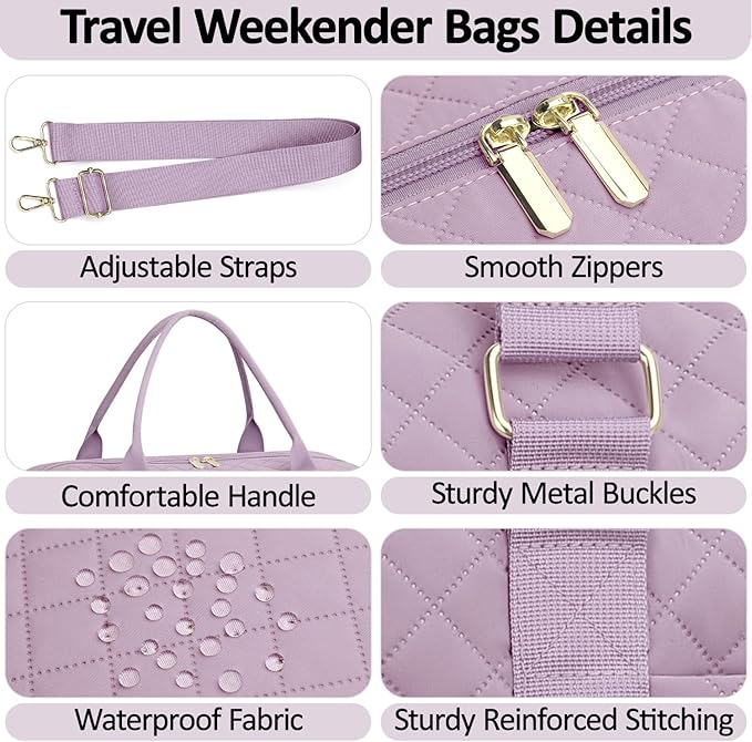 Quilted Travel Duffle Bag for Travel Women with Toiletry Bag, Large Weekender Bags for Women Carry on Duffel Overnight Bag, Waterproof Travel Tote Bags for Sports, Weekender, Business, Purple