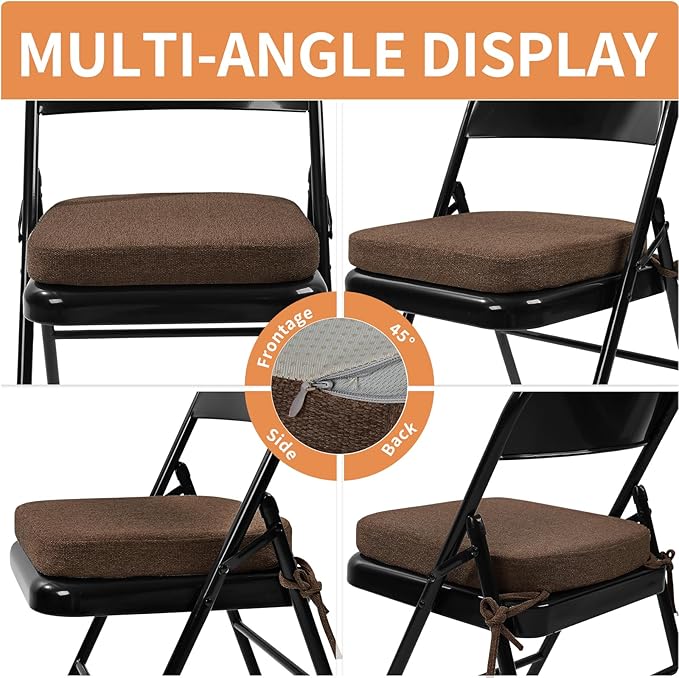 SINOSSO Memory Foam Chair Cushions for Folding Chairs 6 Pack, Thickened 2" Square Pads with Ties for Kitchen Chairs, Indoor Non-Slip Dining Chair Seat Cushions (6 Pcs, Dark Brown)