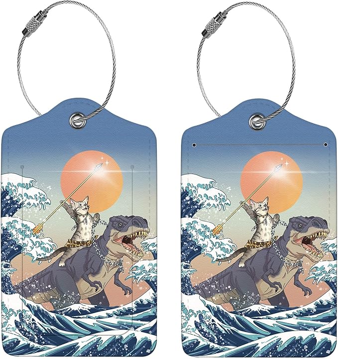 2 Pcs Luggage Tags for Suitcase, Cute Unique PU Leather Travel Bag Tag with Privacy Cover ID Label Address Card and Durable Metal Ring Suitable for Men Women Children Backpack,Cat Riding Dinosaur
