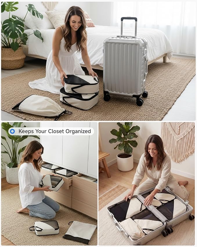 LUGGEX Packing Cubes for Travel, POX01 Luggage Organizers Bags, Suitcase Organizer with Shoe Bag, 4 Set Travel Cubes for Packing (POX-Core, Beige)