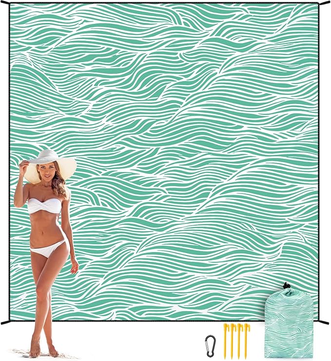 Beach Blanket Sandproof Extra Large Beach Mat Adults Waterproof Quick Drying Sand Free Mat Made by Premium Polyester with 4 Stakes & 4 Corner Pockets for Outdoor Travel Camping Hiking