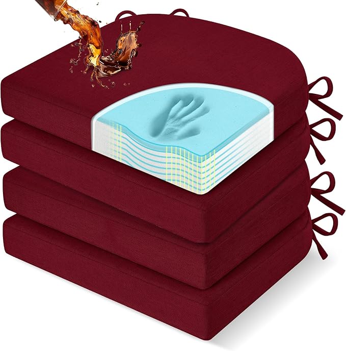 downluxe Chair Cushions for Dining Chairs, Memory Foam Linen Kitchen Chair Pads with Ties, Waterproof, Stain-Resistant and Washable Cover, 17" x 16" x 2.5", Red, 4 Pack