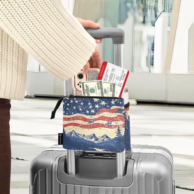 July 4th Flags Mountains Blue Luggage Cup Holder Travel Portable Free Hand Drink Carrier Suitcase Drinks Beverage Holder Carry-On Bottle Mug Holder Organizer Bag Travelers Accessories