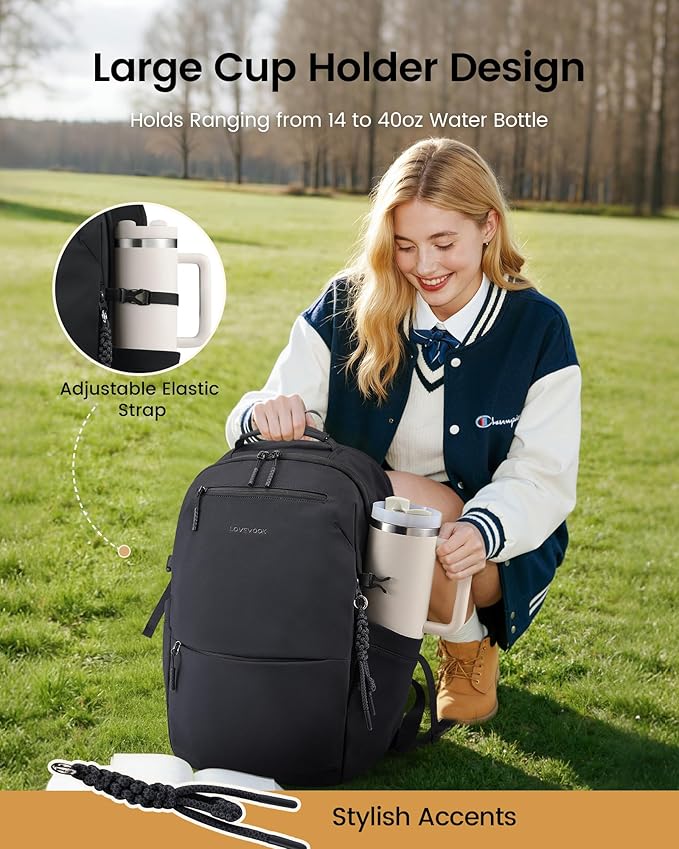 LOVEVOOK Laptop Backpack for Women Men with Giant Tumbler Holder - 17.3Inch Work Computer Travel Backpack with Laptop Compartment, Water Resistant, Cute Commuter College Teacher Nurse Purse Bag,Black