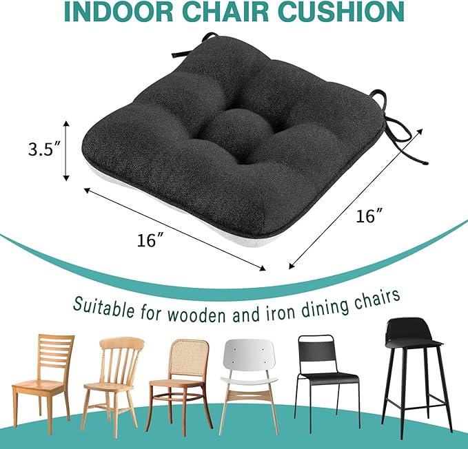 BETU Black Chair Cushions for Dining Chairs Set of 4,3.5" Thick Kitchen Table Chair Pads with Ties,Non Slip Backing and Covers,Seat Cushion for Dining Room,Bar,Patio Chairs,16"X16"X3.5",Black
