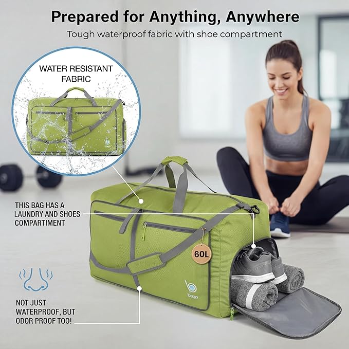Bago Medium Duffle Bag for Travel Women & Men. Durable Lightweight Foldable Travel Duffel Bags For Traveling Women. 60L Duffle Bags For Overnight Bag With Shoe Compartment Collapsible Weekender duffel