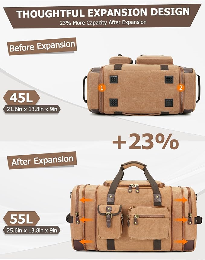 Canvas Duffle Bag for Travel, 55L Weekender Overnight Bag for Men & Women, Vintage Carry on Bags for Airplanes
