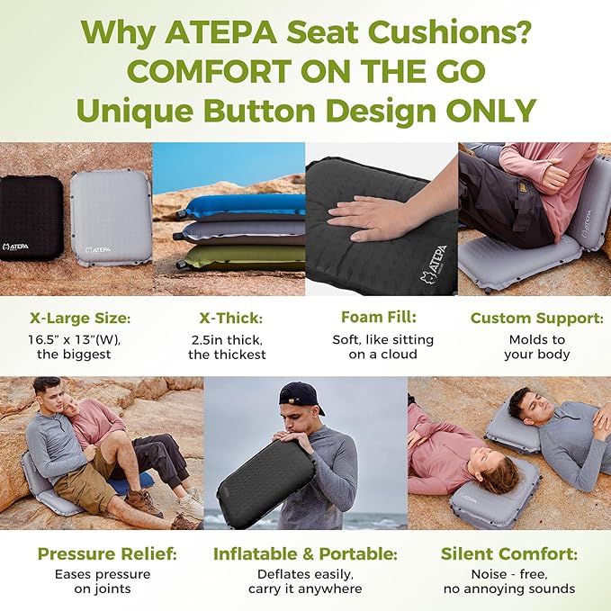 ATEPA Inflatable Seat Cushion, Self-Inflating Portable Stadium Airplane Travel Foam Cushion Pad for Camping, Sports Events, Outdoor