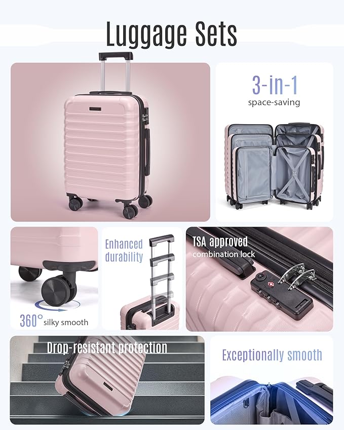 LIGHT FLIGHT Luggage Sets, 3 Piece Durable Suitcase Set with Spinner Wheels, 3 Pcs Hardside Lightweight luggage with TSA Lock, Large Checked Travel Suitcases, 20/24/28 Inch, Pink