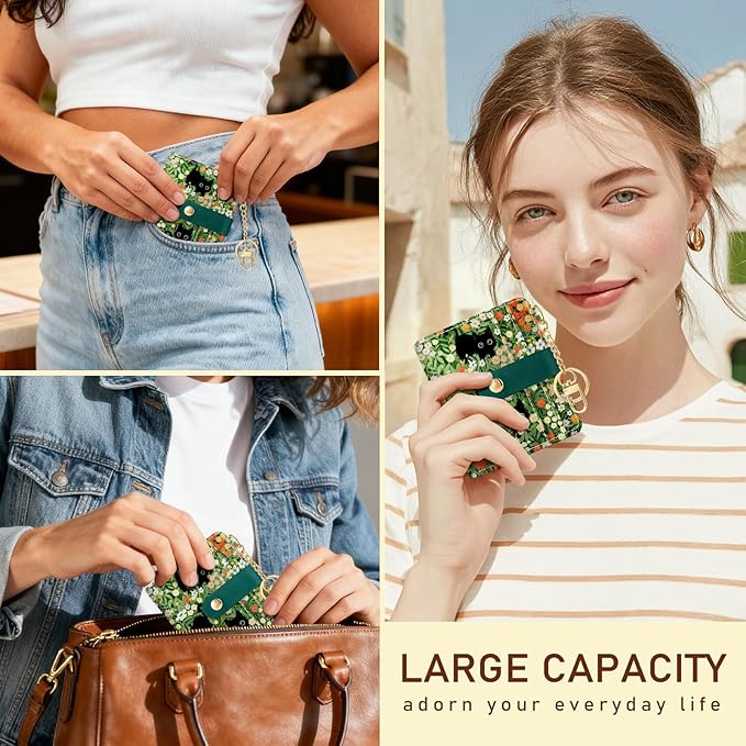 Jogjam Black Cat Floral Rfid Women Wallet, Small Slim Thin Credit Card Wallet, PU Leather Bifold Cash Zipper Coin Pocket ID Window for Female Ladies Teen Girls Girly