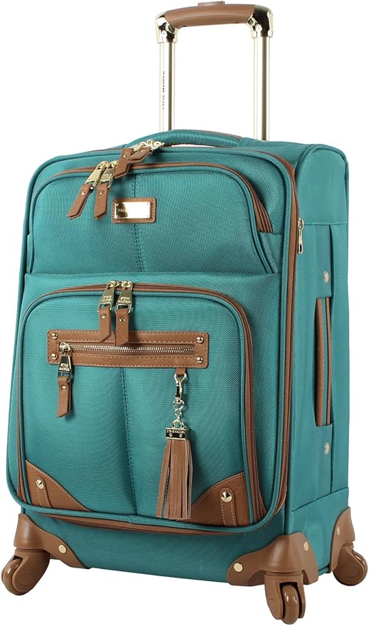 Steve Madden Designer-Gepckkollektion Leichter Softside-Koffer fr Damen und Herren strapazierfhige 50,8 cm groe Tragetasche mit 4 rollenden Spinner-Rdern, Harlo Teal Blue, 20in, Carry on Bag With