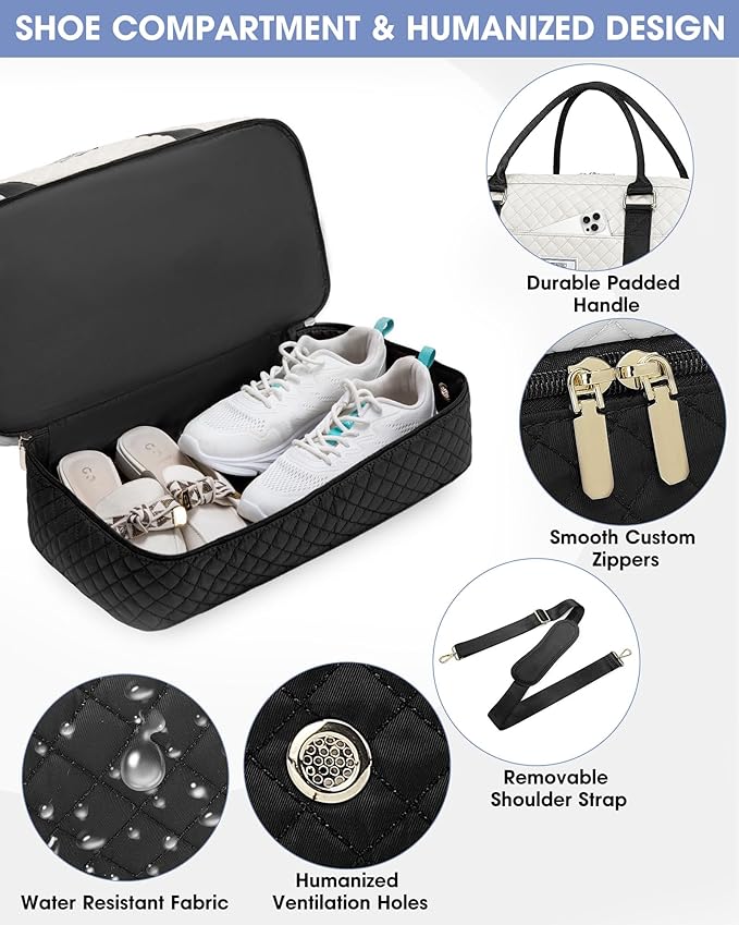 Weekender Travel Duffle Bag for Women: Overnight Bags with Shoe Compartment Carry on duffel Bag for Airplanes with 2 PCS Toiletry Weekend Yoga Gym Hospital Bag with Wet Pocket Black Beige
