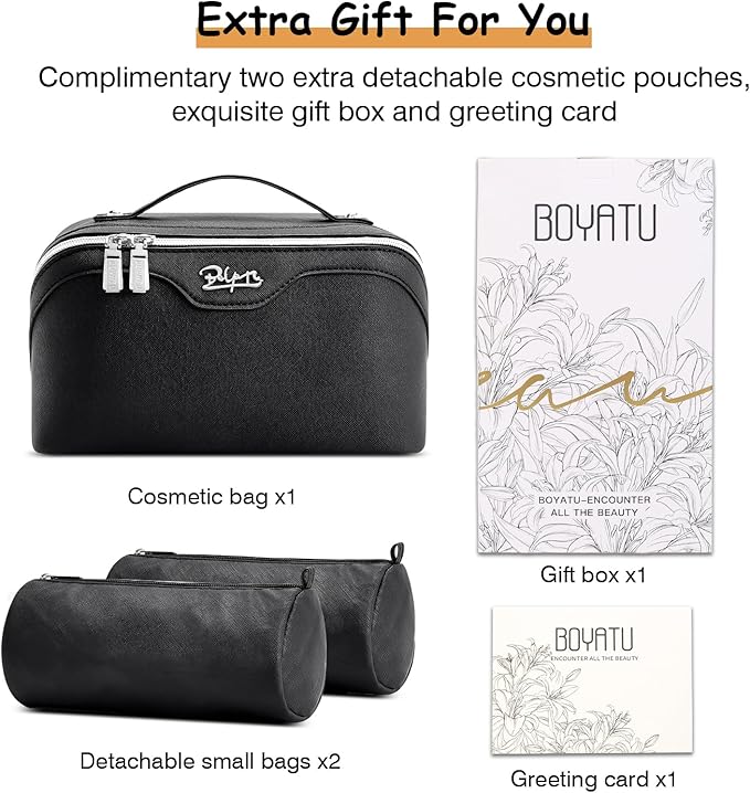 BOYATU Travel Makeup Bag Organizer Cosmetic Bag: 3 Pcs Set Make up Bags for Women with Handle - Waterproof Vegan Leather Toiletry Bags Travel Essentials Pouch with Compartments (C-01-Black)