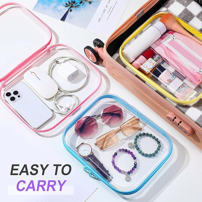 Sanwuta 6 Pcs Clear Hard Zipper Case Plastic Zipper Pouches Transparent Makeup Bag Pencil Case Pouches Toiletry Diaper Bag for Travel Toy Storage Organizer Bins(Colorful,9.84 x 7.87 x 2 Inch)