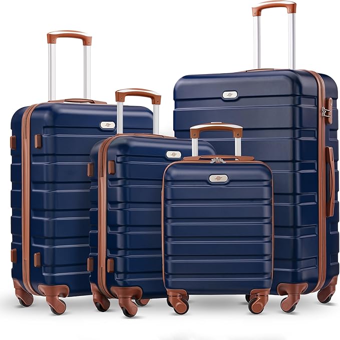 Suitour 4 Piece Luggage Sets, Hard Shell Suitcase Set with Spinner Wheels 16 20 24 28inch Travel Sets(Navy Brown)