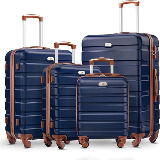 Suitour 4 Piece Luggage Sets, Hard Shell Suitcase Set with Spinner Wheels 16 20 24 28inch Travel Sets(Navy Brown)