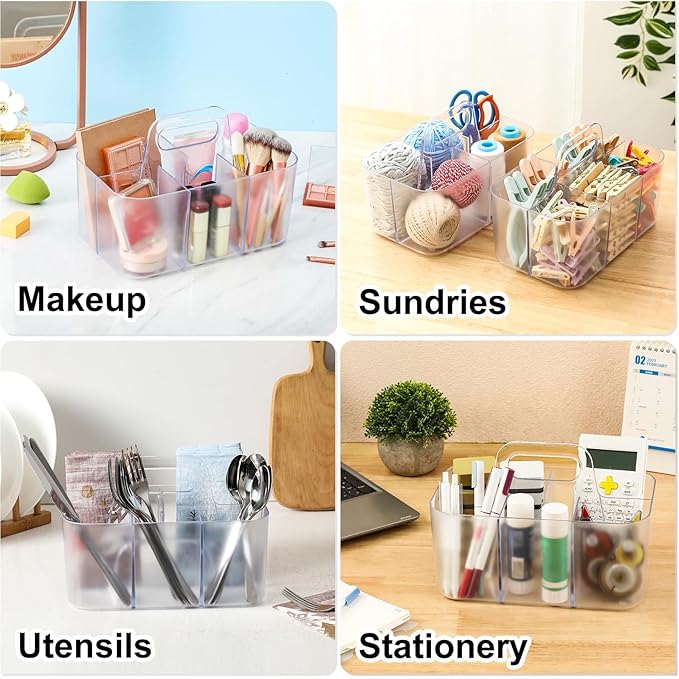 Multiuse Caddy Organizer with Handle, Portable Plastic Tote Bin - Art Craft, Stationary Pen Marker Crayons, Makeup Hair Supplies Storage - Bathroom, Classroom, Dorm, Office, Desk Holder -Frosted Clear