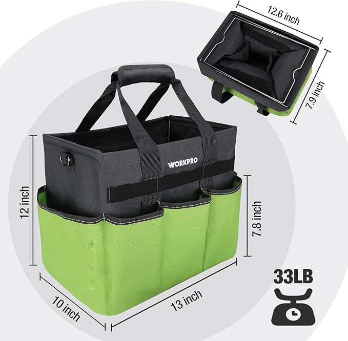 WORKPRO Garden Tool Bag Organizer, Heavy Duty Gardening Tote Bag with 10 Pockets and Long Adjustable Shoulder Strap, Standable Garden Home Tool Kits Organizer, Green (Tools are not Included)