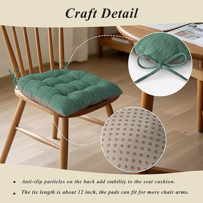 Chair Cushions for Dining Chairs Set of 4 Durable D-Shaped Seat Cushions with Non-Slip Backing Secure Ties Thick Cozy Seat Pad for Kitchen Dining Room Office(18x16.5x3in Green)