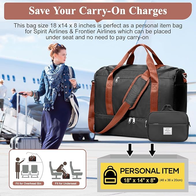 Travel Duffel Bag for Women, Carry-on Overnight Weekender Bags with Wet Pocket & Toiletry Bag, For Spirit Airlines 18x14x8 Personal Item Bag,Small,Black & Brown