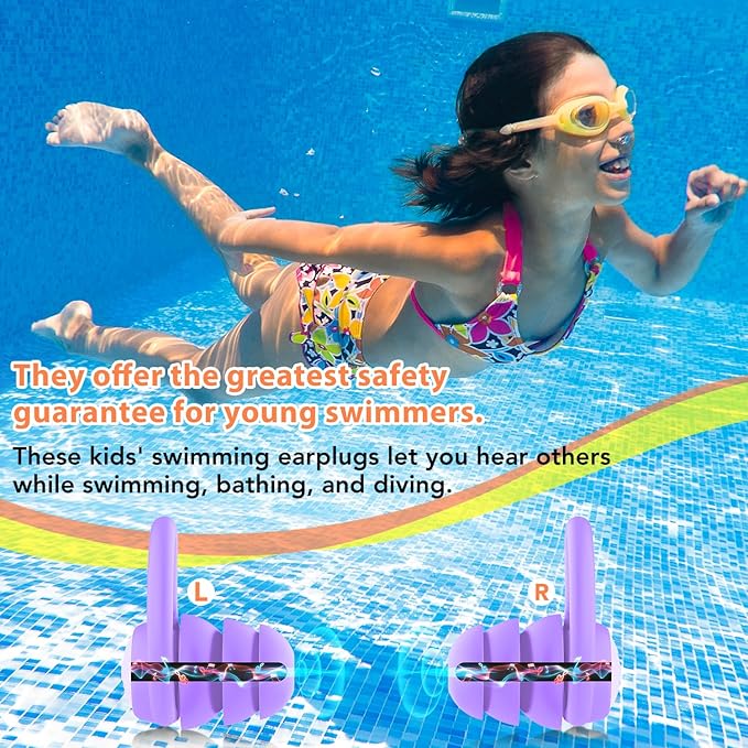 Swimming Ear Plugs Waterproof Earplugs - 3 Pairs Silicone Swim Ear Plugs for Kids, Water Sports Earplugs for Showering, Bathing, Surfing - Keep Ear Water Out (Kids- Black, Pruple, Blue)