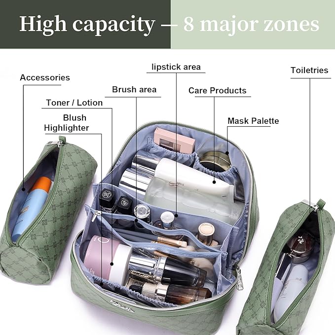 BOYATU Travel Makeup Bag Cosmetic Bags for Women: 3 Pcs Set Large Capacity Make up Bag with Handle - Vegan Leather Toiletry Bags with Compartments - Makeup Organizer for Travel Essentials(A-5-Green)
