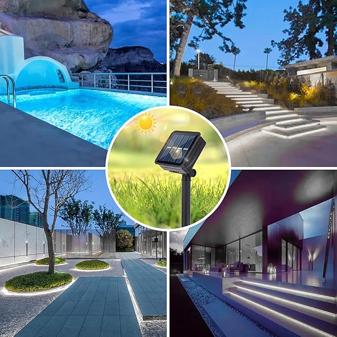 Solar LED Strip Lights Outdoor for Outside, Pool, Stair, 6000K 20FT | 180LED 6000K White Waterproof with 8 Modes Self-Adhesive Sticky Cuttable Automatic ON/OFF 1800mAh Decorative Lighting