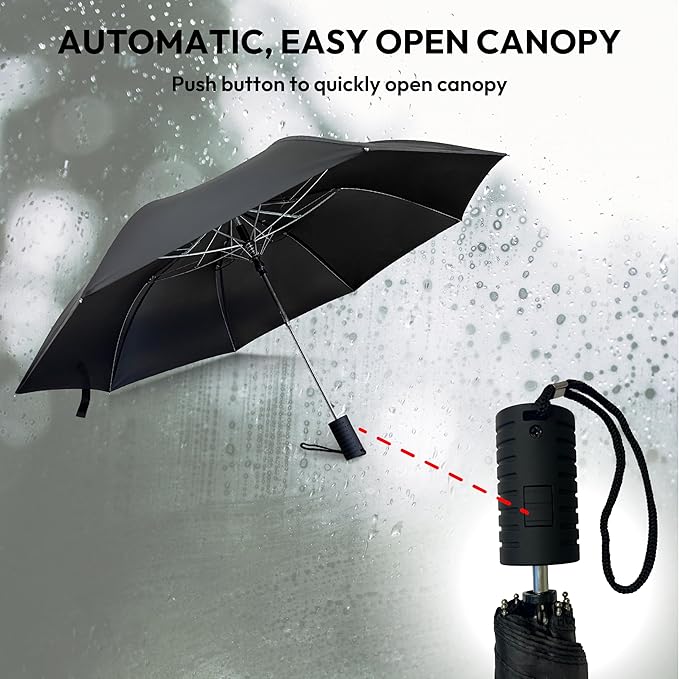 Weather Station Automatic Rain Umbrella, Windproof, Lightweight, and Packable for Travel, Full 42 Inch Arc, Black