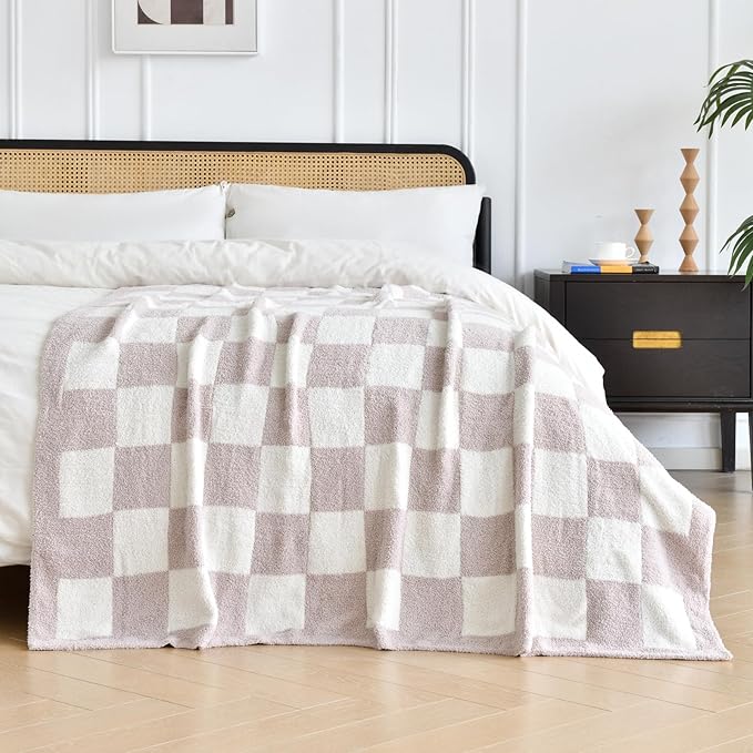 Checkered Blanket, Cozy Soft Throw Blankets for Couch Bed, Fluffy Plaid Lightweight Comfy Travel Picnic Blanket Gifts for Sofa Chair Living Room Camping (Ivory White, Throw 50"x60")