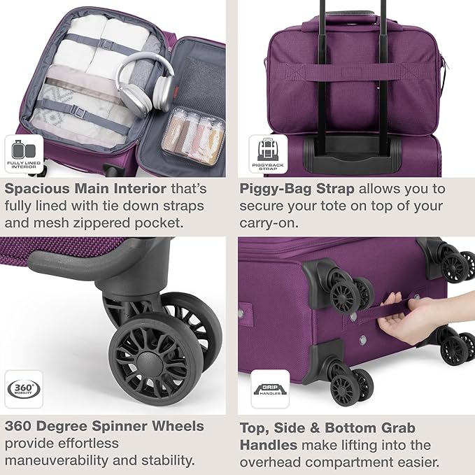 U.S. Traveler Rio Lightweight Softside Rolling Carry-on Suitcase, 4-Wheel Single, Purple