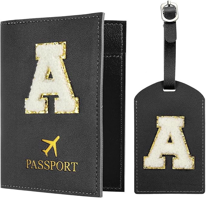 PATIKIL Passport Holder for Travel, Initial Passport Cover and Luggage Tag Set with Alphabet Chenille Letter Patch Travel Wallet Bag Suitcase Identifier for Women Family Travel Black A