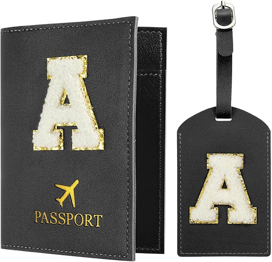 PATIKIL Passport Holder for Travel, Initial Passport Cover and Luggage Tag Set with Alphabet Chenille Letter Patch Travel Wallet Bag Suitcase Identifier for Women Family Travel Black A