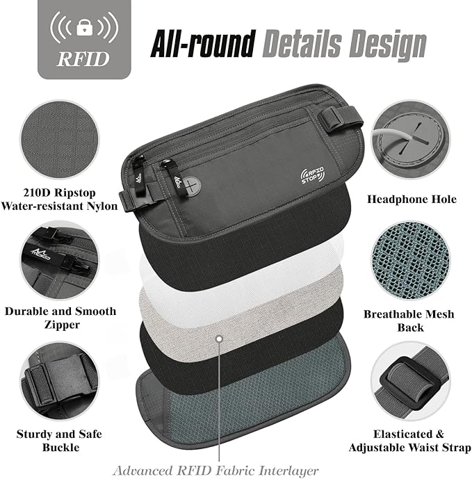 MoKo Secure Travel Money Belt, Undercover Hidden RFID Blocking Travel Wallet, Anti-Theft Passport Wallets for Men Women