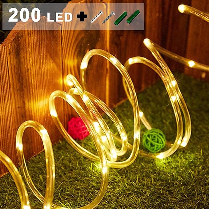 Solar Rope Lights Outdoor Waterproof, 66 Feet 200 LED 8 Modes Fairy Lights String Light, Warm White Tube Light with Solar Panel for Outside Garden Yard Patio Party Decoration