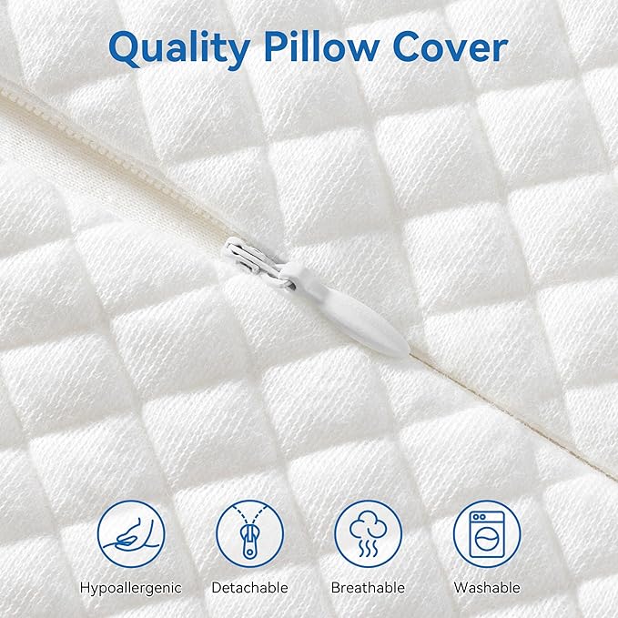 Ergonomic Memory Foam Pillow with Washable Zippered Soft Cover Contour Cervical pillows for Neck Pain and Side Sleeper Back Support Orthopedic Pillow, White