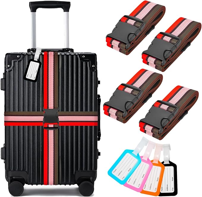 BILIONE 8 Pack Luggage Straps and Tags Set for Suitcase, 4 Vibrant Color Straps and 4 Tags, Premium Suitcase Belts Accessory for Travel (Red-Pink-Green)