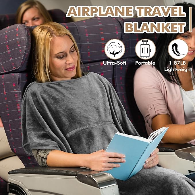 Tirrinia Travel Blanket Airplane Office Poncho 4 in 1 Premium Cozy Fleece Portable Poncho Blankets with Built-in Bag, Pocket
