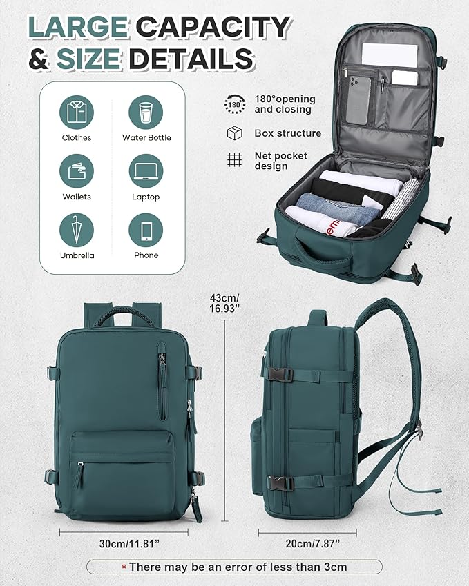VECAVE Travel Backpack,Carry On Backpack for Women,Airline Flight Approved Waterproof 14 Inch Laptop Backpack with Shoe Compartment Casual Daypack Backpacks PeacockBlue