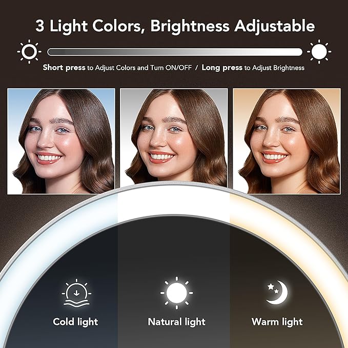 LitBear Travel Makeup Mirror with Lights, Rechargeable Double-Sided 10X/1X Magnifying Mirror, Portable Lighted Beauty Mirror, 3 Color Lighting, Dimmable Touch Screen, Tabletop Handhold Hanging (White)