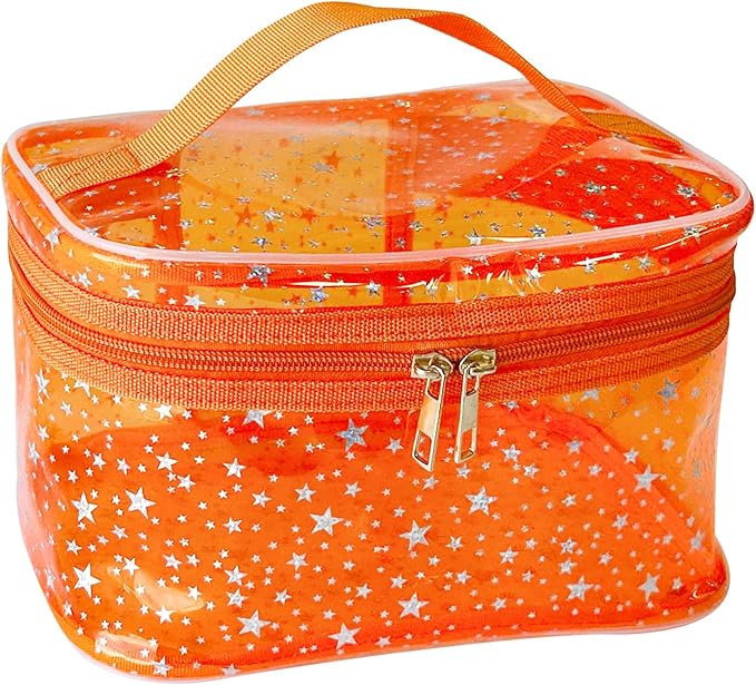 Orange Star Design Orange Makeup Bag with Handle 8.66 x 5.51 x 5.51 inch,Clear Storage Bag Toiletry Pocket Portable Zippered Pouch Waterproof Cosmetic Organizer Bags for Women(Orange-L)