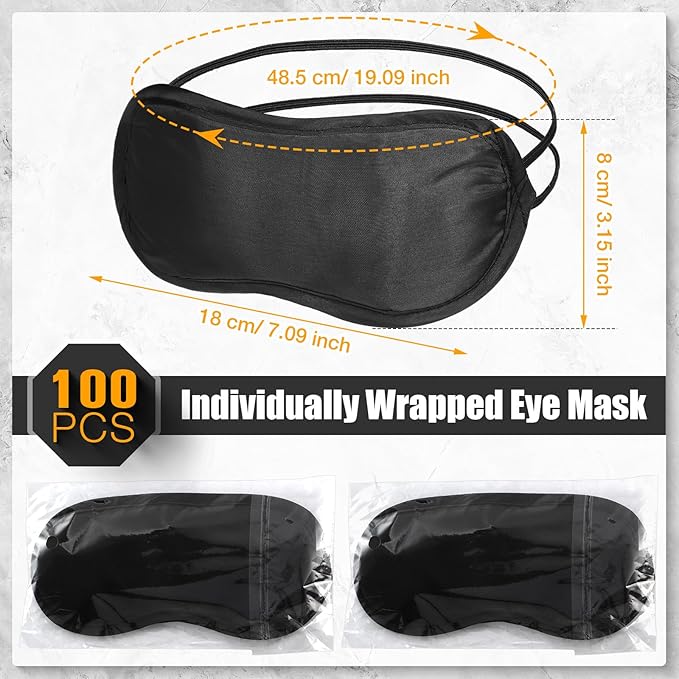 Tarpop 200 Pcs Eye Mask Sleeping Blindfold Eye Cover with Adjustable Strap for Games Party Team Building Travel Individually Wrapped Sleep Mask for Women Men (Black)