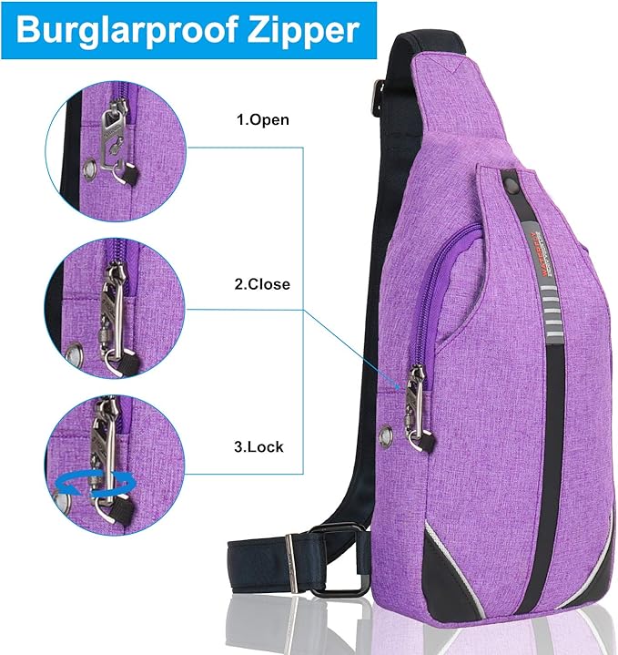 WATERFLY Tiny Crossbody Sling Backpack Anti Theft Backpack for Traveling Chest Shoulder Bag (Purple)