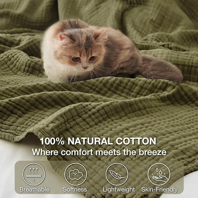 100% Cotton Muslin Blanket 50" x 60", Breathable and Lightweight Cotton Throw Blankets for Couch, Soft Cooling Summer Gauze Blanket for Adults All Season, Olive Green