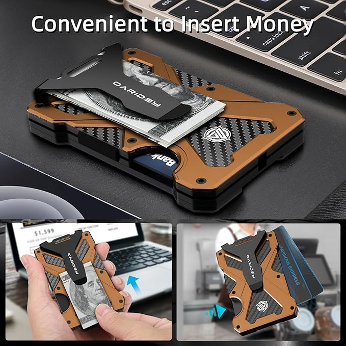 Minimalist Wallet for Men- Slim Aluminum Metal Money Clip Wallet with Clear ID Card Holder, Carbon Fiber Wallet, RFID Blocking,Holds up 15 Cards with Cash Clip,Ultra-Thin Tactical Wallet- Orange