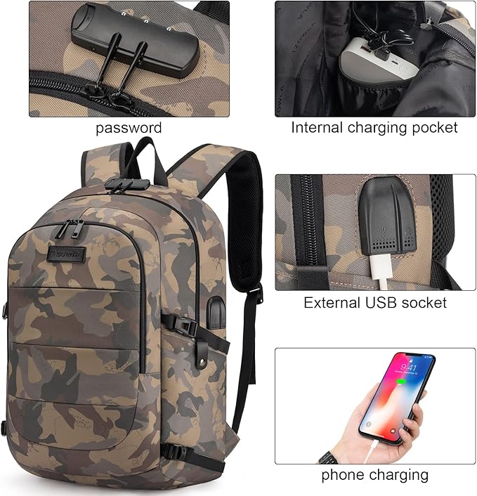 Tzowla Travel Laptop Backpack Water Resistant Anti-Theft Bag with Giant Tumbler Holder Pocket and Lock 15.6 Inch Computer Business Backpacks for Women Men Work College Gift,Casual Daypack(YellowCamo)