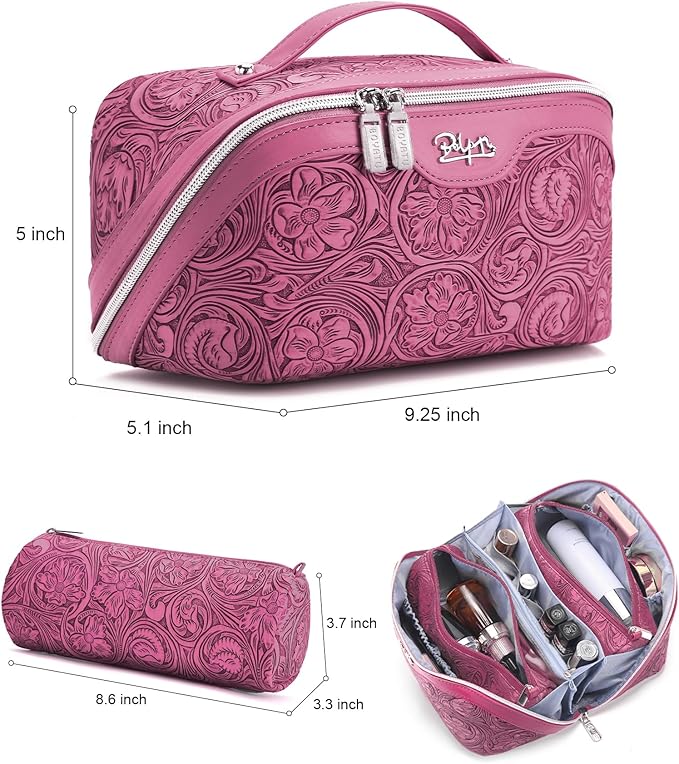 BOYATU Travel Makeup Bags Cosmetic Organizer Bag: 3 Pcs Set Large Capacity Floral Make up Bag with Compartments - Waterproof Leather Toiletry Bags with Handle for Women (20-Red)